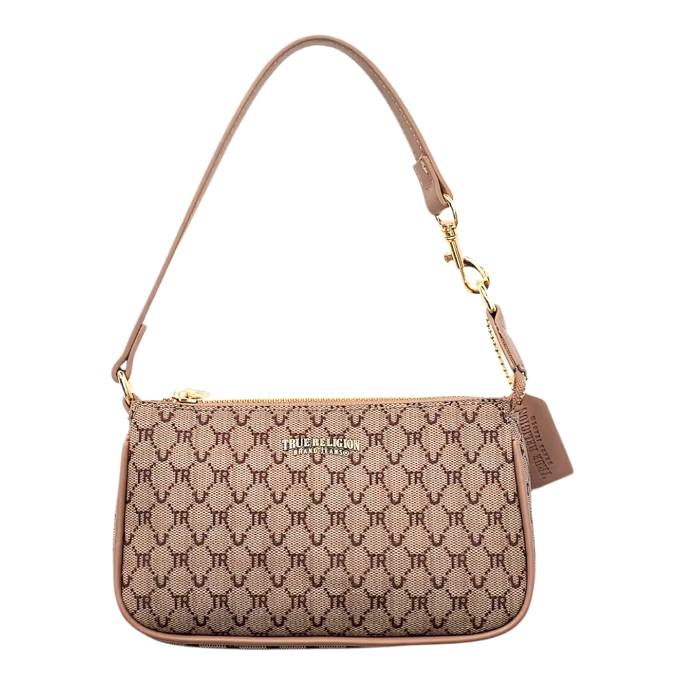 True Religion Beige Monogram Shoulder Bag with Gold Hardware